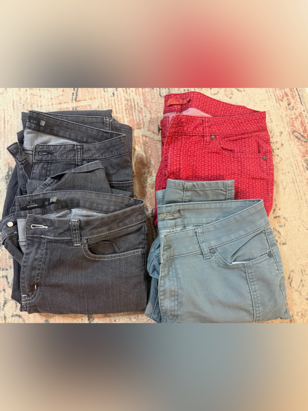 4 pair Prana womens Jeans - Black, Light Blue, Red